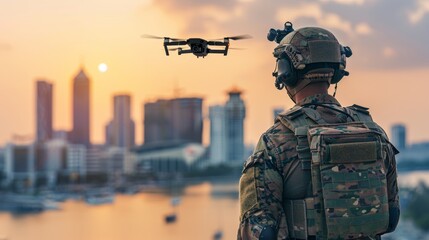 Fototapeta premium Silhouette of a soldier operating drones for military combat and surveillance missions