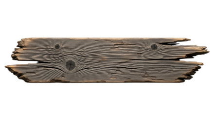 Aged rustic wooden plank, horizontal, rough splintered, dark knots, frayed edges, muted brown & charcoal, soft studio light, white background, copy space, concept of authentic wood texture