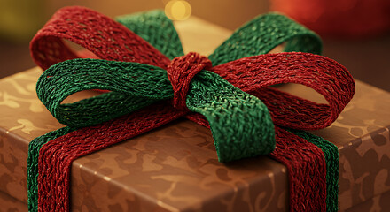 Closeup of a gift box wrapped in brown paper and tied with a festive red and green ribbon bow