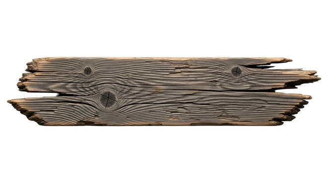 Aged rustic wooden plank, horizontal, rough splintered, dark knots, frayed edges, muted brown & charcoal, soft studio light, white background, copy space, concept of authentic wood texture