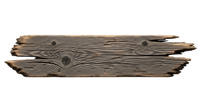 Aged rustic wooden plank, horizontal, rough splintered, dark knots, frayed edges, muted brown & charcoal, soft studio light, white background, copy space, concept of authentic wood texture