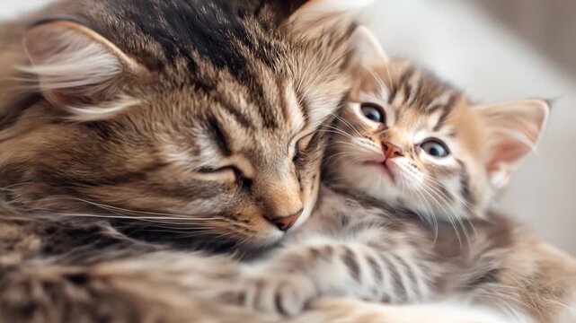 Close-up of tabby cat snuggling with kitten, soft fur, gentle expression, light background