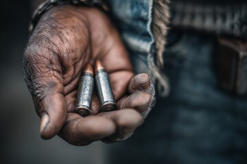 Obraz premium Person's worn hand holding two rifle cartridges, symbolizing violence and danger