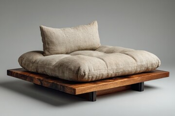Wooden lounge chair with a natural linen cushion for comfortable floor seating