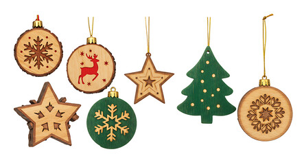 Assorted christmas ornaments including trees, stars, and baubles