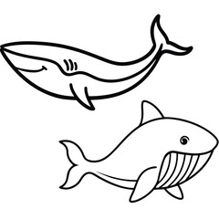 Collection of stylized marine animals featuring sharks and whales in a vibrant color palette