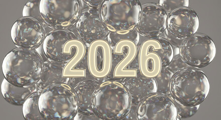 The year 2026 is depicted with a cluster of reflective spheres, creating a futuristic and abstract composition
