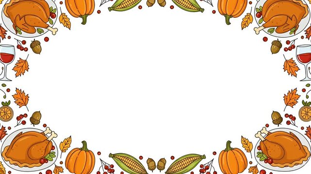 Thanksgiving Border with Cute Cartoon Characters and Autumn Food Elements