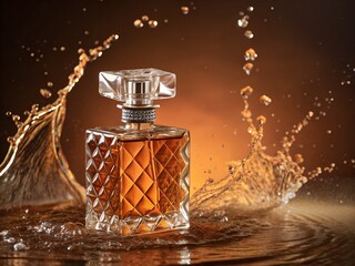 Elegant Perfume Bottle with Splashing Liquid on a Brown Background