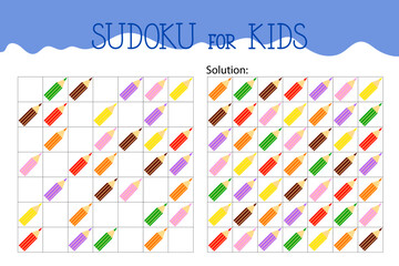 Obraz premium Colour pencils school stationary objects sudoku educational game or leisure activity worksheet illustration, printable grid to fill in missing images, winter, puzzle with solution, teacher resources
