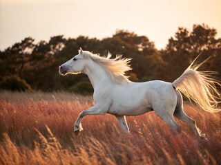 Obraz premium Majestic White Horse Galloping Through a Golden Field at Sunset