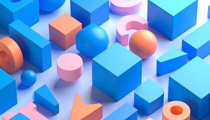 Obraz premium Abstract 3D Geometric Shapes in Blue, Orange, and Pink.
