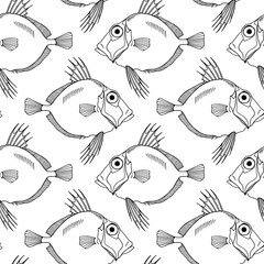 Vector seamless pattern hand drawn illustration of funny fish made in graphic cartoon style. Ink drawing, beautiful design elements. Perfect print for any business related to the fish industry.