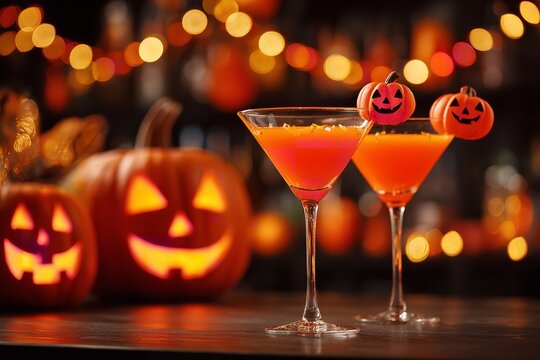 Halloween cocktail party scene with two martini glasses decorated as bats and a carved jack-o’-lantern on a wooden table, blurred spooky lights and pumpkin decorations in the background