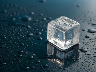 Melting Ice Cube on Dark Surface with Water Droplets and Reflection