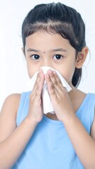 Young girl blowing nose