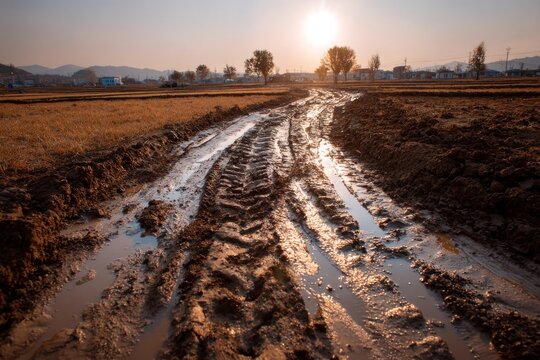 Muddy dirt road with tire tracks winding through fields at golden hour