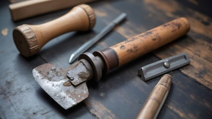 Vintage leather crafting tools on a wooden work bench, close-up.
