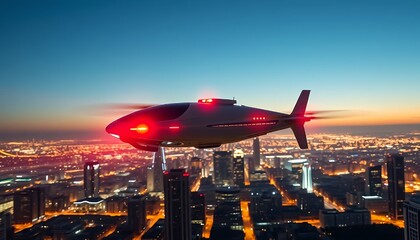 Futuristic ambulance drone flying over smart city skyline at night, emergency lights glowing, fast medical delivery.