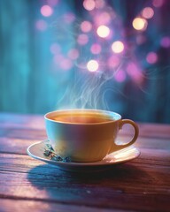 Obraz premium Creative stock photo concept visual background Cozy Tea Time with Steaming Cup and Colorful Bokeh Background A steaming cup of tea sits on a wooden table, surrounded by a vibrant and colorful bokeh
