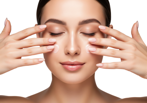 Woman with closed eyes applying moisturizer cream under eyes using both hands in skincare beauty routine
