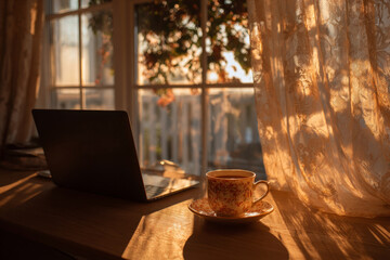 Desk with laptop and coffee cup by window in warm morning sunlight