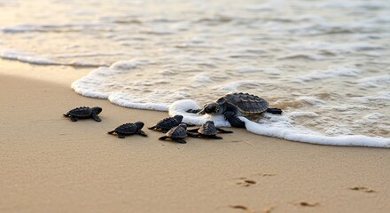 Sea Turtles on the Beach – Hatchlings and Adults at Shoreline