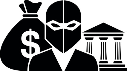 Bank robbery illustration with thief mask money bag and classical bank