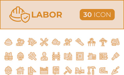 Collection of golden labor and construction icons isolated on transparent background