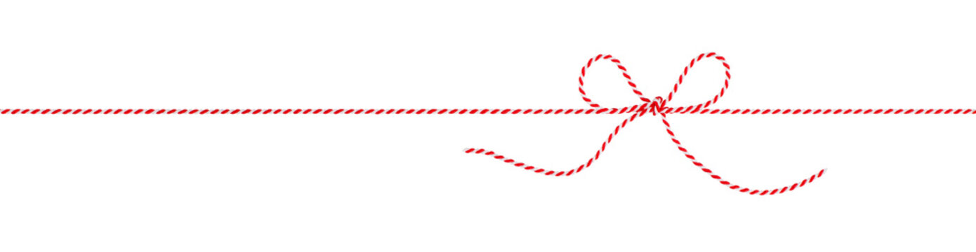 Red and White String Rope with Bow Isolated on White and Png Transparent Background