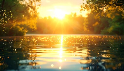 Golden sunset over water, trees
