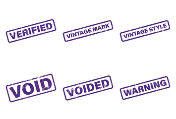 Purple Distressed Rubber Stamps Verified, Vintage Mark, Voided, Warning, and Style