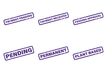 Purple Grunge Rubber Stamps Set with Text on White, Payment, Approval, and Plant Based