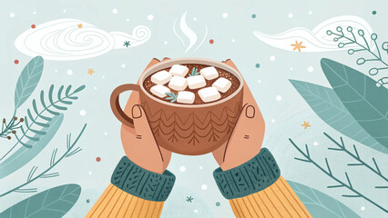 Hands holding a mug of hot chocolate with marshmallows in a winter themed illustrated scene