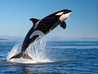 Fototapeta premium Orca Breaching Ocean Surface in Display of Power and Grace with Water Spray
