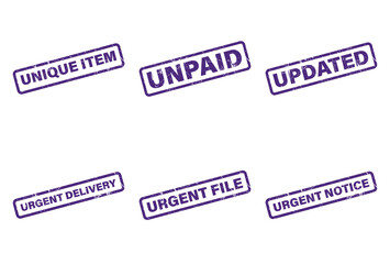 Rectangular Purple Grunge Stamps Featuring Text on White, Business Concept Set