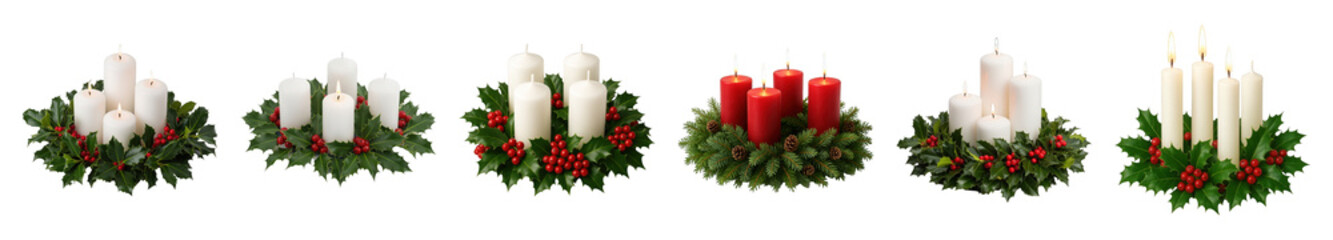 Advent wreath set including white and red candles, unlit to four lit, isolated. Christmas holiday decoration and seasonal tradition.