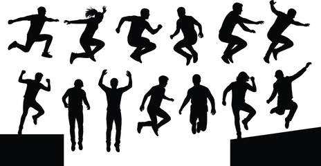 Jump, silhouette, motion, athlete, leap, sport, action, platform, pose, dynamic, energy, human, movement, illustration, training