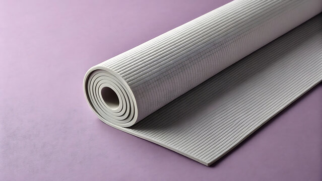 Rolled Yoga Mat: A high-angle perspective showcases a rolled-up yoga mat on a minimalist background, with the textured surface and spiraling form embodying tranquility.  - Powered by Adobe