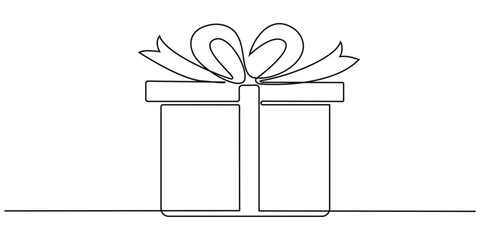 Continuous one line drawing of Gift box with ribbon and bow. Festive present and wrapped surprise package in simple linear style. Editable stroke. 