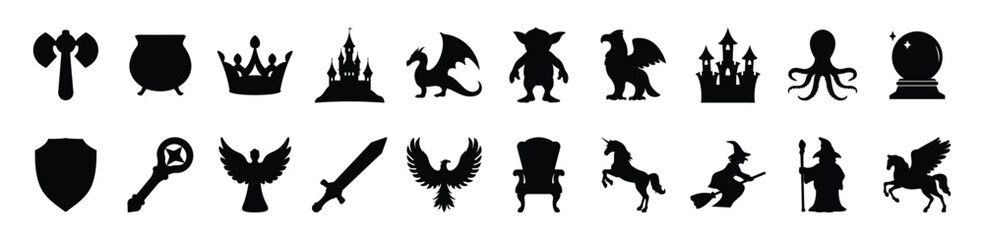 Obraz premium Fantasy and Medieval Silhouette Icon Collection, Set of black silhouette icons representing fantasy and medieval themes, including dragons, crowns, swords, shields, and mythical creatures. 