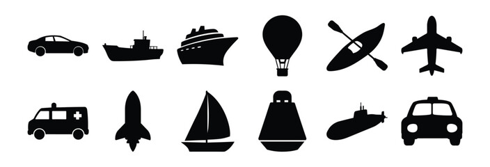 Silhouette Icons of Various Transportation Vehicles, Collection of black silhouette icons featuring different modes of transportation including cars, ships, airplanes, submarines