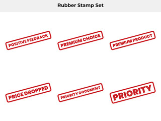 Red Rubber Stamp Set Positive Feedback, Premium Choice, Priority on White