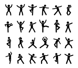 Stickman dancing poses and celebration icon set. Vector pictogram of human movement, dance, fun, joy, happy people silhouette, body language, fitness, exercise, lifestyle, party symbol illustration.