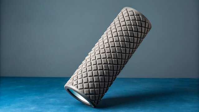 Foam Roller on Surface: A close-up shot of a textured gray foam roller rests at an angle, offering a calming ambiance on a vibrant blue surface. - Powered by Adobe