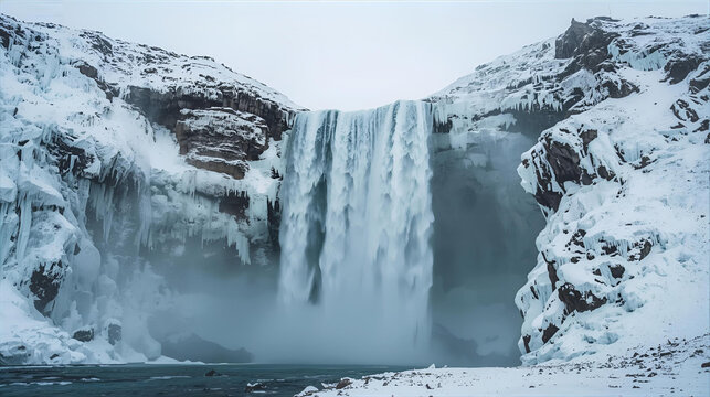 Majestic Frozen Waterfall in Snowy Winter Landscape Ai Generated concept 