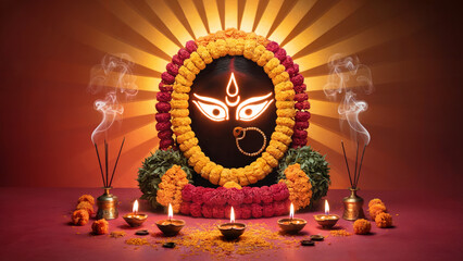 Illuminated Durga Face with Flowers and Candles for Durga Puja