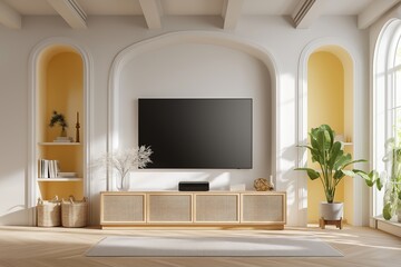 Bohemian TV Room with Arched Niches and Natural Rattan Furniture