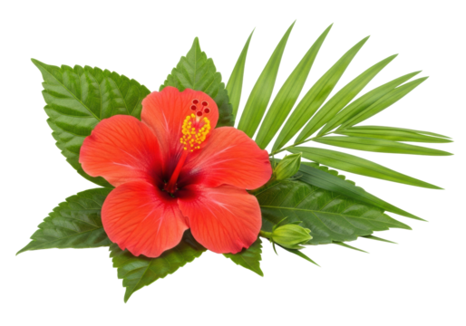 Vibrant red hibiscus flower, green leaves, palm frond & bud, arranged on transparent background, high-key studio still life, showcasing tropical beauty and nature concept