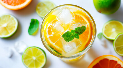 Bright citrus lemonade with mint shines in top view as lemonade with ice cubes swirls around orange slices, lemonade served in clear glass on white background, refreshing summer vibe, flat lay mood